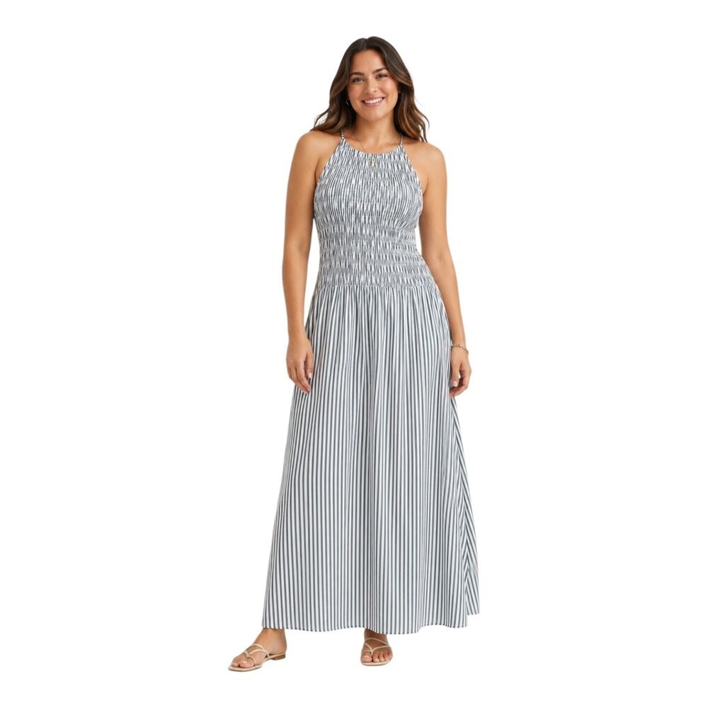 LOFT Ann Taylor Women's XL Smocked Maxi Dress Seersucker Blue White Striped